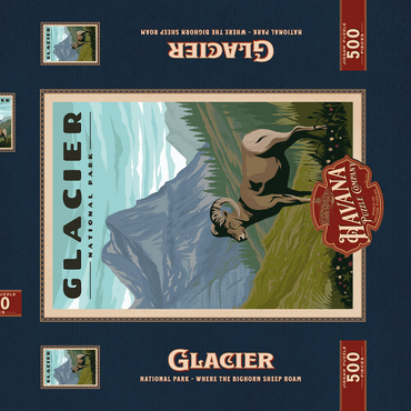 Darstellung des Puzzle Motivs Glacier National Park - Where the Bighorn Sheep Roam, Vintage Travel Poster 500 Puzzle Schachtel 3D Modell