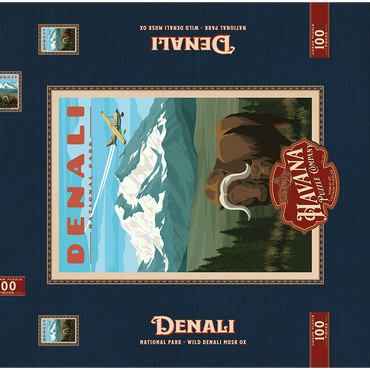 Darstellung des Puzzle Motivs Denali National Park - Wild Denali Musk Ox, Vintage Travel Poster 100 Puzzle Schachtel 3D Modell
