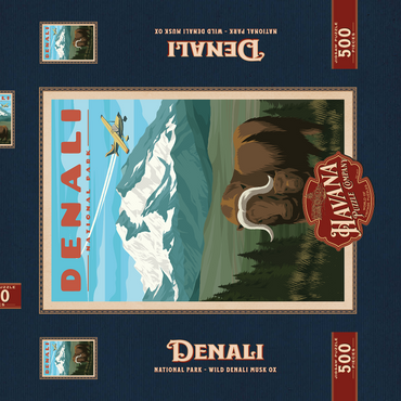 Darstellung des Puzzle Motivs Denali National Park - Wild Denali Musk Ox, Vintage Travel Poster 500 Puzzle Schachtel 3D Modell