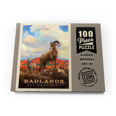 Darstellung des Puzzle Motivs Badlands National Park: Bighorn Sheep, Vintage Poster 100 Puzzle Schachtel Ansicht3