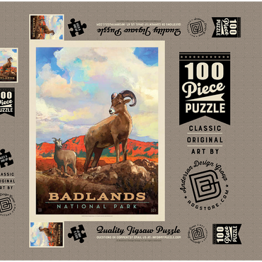 Darstellung des Puzzle Motivs Badlands National Park: Bighorn Sheep, Vintage Poster 100 Puzzle Schachtel 3D Modell