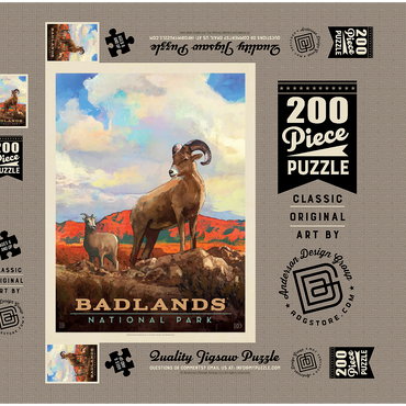 Darstellung des Puzzle Motivs Badlands National Park: Bighorn Sheep, Vintage Poster 200 Puzzle Schachtel 3D Modell