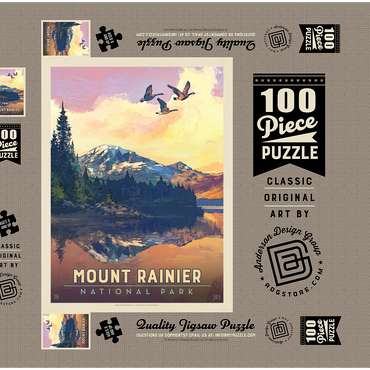Darstellung des Puzzle Motivs Mount Rainier National Park: Daybreak, Vintage Poster 100 Puzzle Schachtel 3D Modell