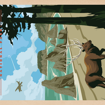 Darstellung des Puzzle Motivs Olympic National Park - Wapiti at Ruby Beach, Vintage Travel Poster 100 Puzzle 3D Modell