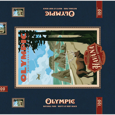 Darstellung des Puzzle Motivs Olympic National Park - Wapiti at Ruby Beach, Vintage Travel Poster 100 Puzzle Schachtel 3D Modell