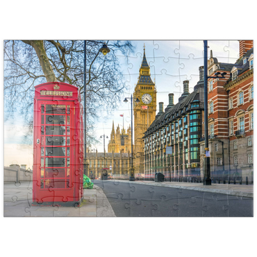 Darstellung des Puzzle Motivs puzzleplate Rote Telefonzelle mit Big Ben in London 100 Puzzle