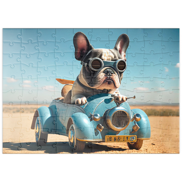 Darstellung des Puzzle Motivs puzzleplate Lustige Bulldogge fährt Auto 100 Puzzle