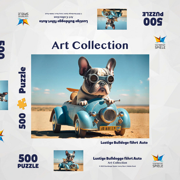 Darstellung des Puzzle Motivs Lustige Bulldogge fährt Auto 500 Puzzle Schachtel 3D Modell
