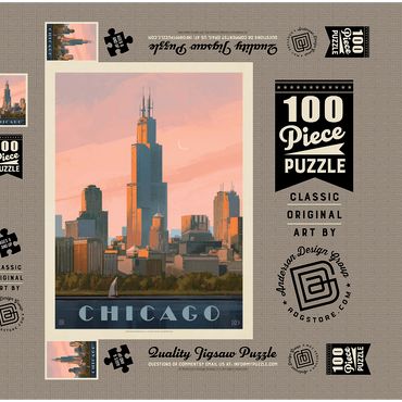 Darstellung des Puzzle Motivs Chicago Skyline: Lake Michigan, Vintage Poster 100 Puzzle Schachtel 3D Modell