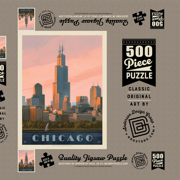 Darstellung des Puzzle Motivs Chicago Skyline: Lake Michigan, Vintage Poster 500 Puzzle Schachtel 3D Modell