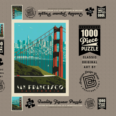 Darstellung des Puzzle Motivs San Francisco: Golden Gate Bridge Skyline, Vintage Poster 1000 Puzzle Schachtel 3D Modell