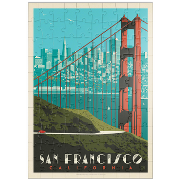 Darstellung des Puzzle Motivs puzzleplate San Francisco: Golden Gate Bridge Skyline, Vintage Poster 100 Puzzle