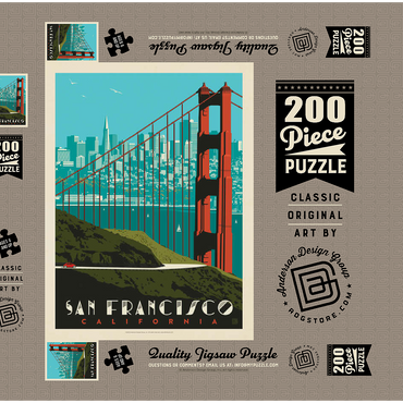 Darstellung des Puzzle Motivs San Francisco: Golden Gate Bridge Skyline, Vintage Poster 200 Puzzle Schachtel 3D Modell