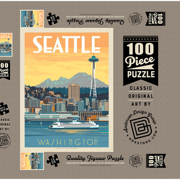 Darstellung des Puzzle Motivs Seattle, WA: Ferry, Vintage Poster 100 Puzzle Schachtel 3D Modell