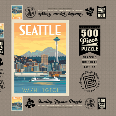 Darstellung des Puzzle Motivs Seattle, WA: Ferry, Vintage Poster 500 Puzzle Schachtel 3D Modell