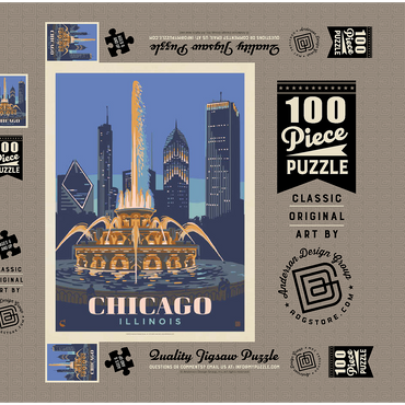 Darstellung des Puzzle Motivs Chicago, IL: Fountain Of Light, Vintage Poster 100 Puzzle Schachtel 3D Modell