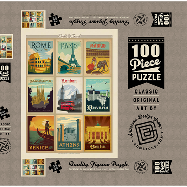 Darstellung des Puzzle Motivs Europe Travel, Collage, Vintage Poster 100 Puzzle Schachtel 3D Modell