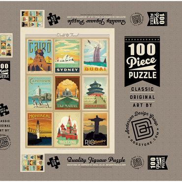Darstellung des Puzzle Motivs World Travel, Collage, Vintage Poster 100 Puzzle Schachtel 3D Modell