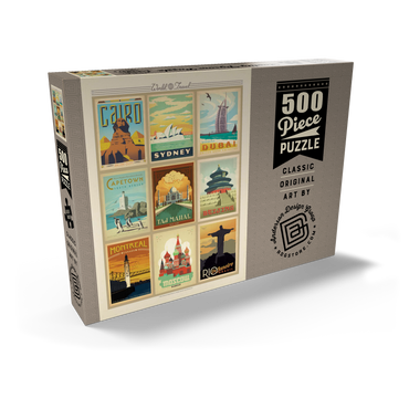 Darstellung des Puzzle Motivs World Travel, Collage, Vintage Poster 500 Puzzle Schachtel Ansicht2