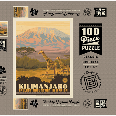 Darstellung des Puzzle Motivs Kilimanjaro: Tallest Mountain in Africa, Vintage Poster 100 Puzzle Schachtel 3D Modell