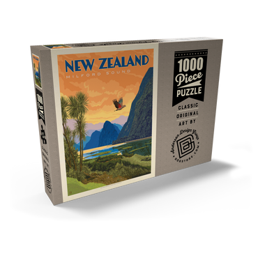 Darstellung des Puzzle Motivs New Zealand: Milford Sound, Vintage Poster 1000 Puzzle Schachtel Ansicht2