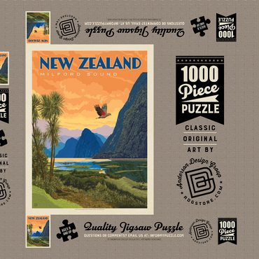 Darstellung des Puzzle Motivs New Zealand: Milford Sound, Vintage Poster 1000 Puzzle Schachtel 3D Modell