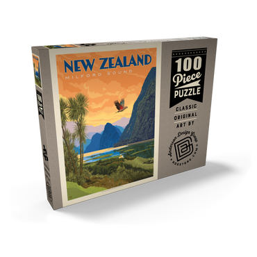 Darstellung des Puzzle Motivs New Zealand: Milford Sound, Vintage Poster 100 Puzzle Schachtel Ansicht2