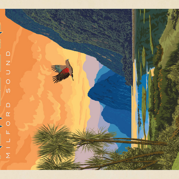 Darstellung des Puzzle Motivs New Zealand: Milford Sound, Vintage Poster 100 Puzzle 3D Modell