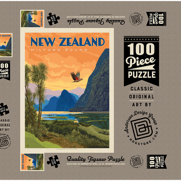 Darstellung des Puzzle Motivs New Zealand: Milford Sound, Vintage Poster 100 Puzzle Schachtel 3D Modell