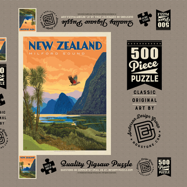 Darstellung des Puzzle Motivs New Zealand: Milford Sound, Vintage Poster 500 Puzzle Schachtel 3D Modell