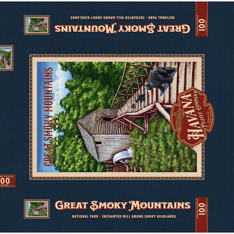 Great Smoky Mountains National Park - Enchanted Mill Among Smoky Highlands, Vintage Travel Poster 100 Puzzle Schachtel 3D Modell