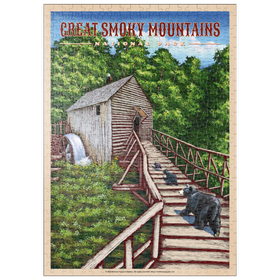 Darstellung des Puzzle Motivs Great Smoky Mountains National Park - Enchanted Mill Among Smoky Highlands, Vintage Travel Poster - Puzzleteile: 500