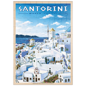 Darstellung des Puzzle Motivs Greece Santorini - In Blue and White, Vintage Travel Poster - Puzzleteile: 100