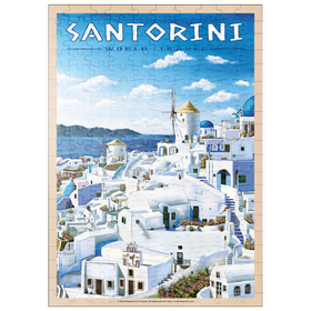 Darstellung des Puzzle Motivs Greece Santorini - In Blue and White, Vintage Travel Poster - Puzzleteile: 200