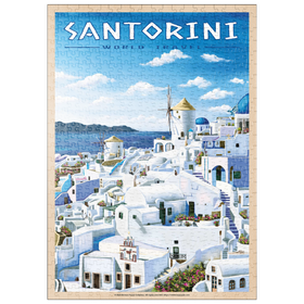Darstellung des Puzzle Motivs Greece Santorini - In Blue and White, Vintage Travel Poster - Puzzleteile: 500