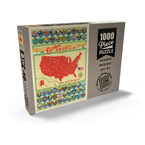 Explore America Map: 50 State Emblems, State Pride Vintage Poster 1000 Puzzle Schachtel Ansicht2
