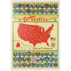 Darstellung des Puzzle Motivs Entdecke Amerika: 50 Staatswappen, Vintage Poster - Puzzleteile: 1000