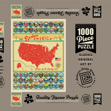 Explore America Map: 50 State Emblems, State Pride Vintage Poster 1000 Puzzle Schachtel 3D Modell