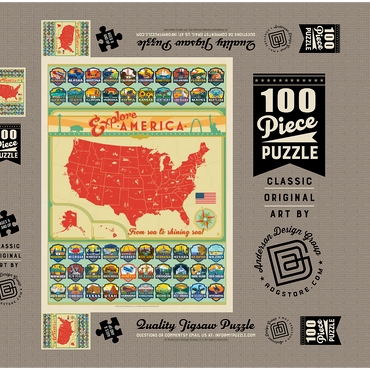Explore America Map: 50 State Emblems, State Pride Vintage Poster 100 Puzzle Schachtel 3D Modell