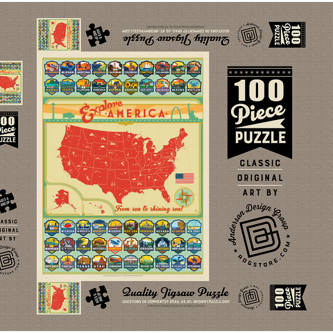 Explore America Map: 50 State Emblems, State Pride Vintage Poster 100 Puzzle Schachtel 3D Modell