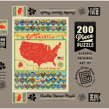 Explore America Map: 50 State Emblems, State Pride Vintage Poster 200 Puzzle Schachtel 3D Modell