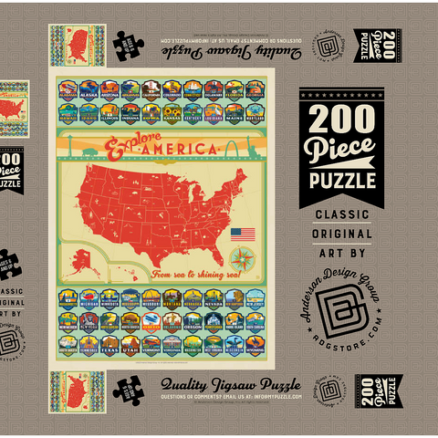 Explore America Map: 50 State Emblems, State Pride Vintage Poster 200 Puzzle Schachtel 3D Modell