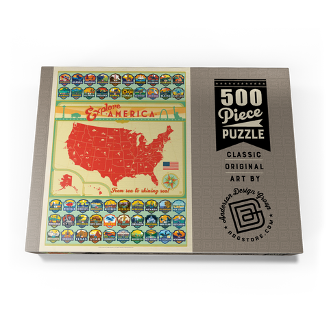 Explore America Map: 50 State Emblems, State Pride Vintage Poster 500 Puzzle Schachtel Ansicht3