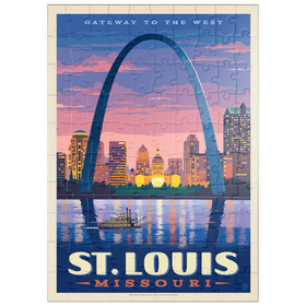 Darstellung des Puzzle Motivs St. Louis, MO: Gateway Arch bei Sonnenuntergang, Vintage Poster - Puzzleteile: 100