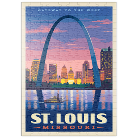 Darstellung des Puzzle Motivs St. Louis, MO: Gateway Arch bei Sonnenuntergang, Vintage Poster - Puzzleteile: 200