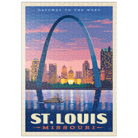 Darstellung des Puzzle Motivs St. Louis, MO: Gateway Arch bei Sonnenuntergang, Vintage Poster - Puzzleteile: 500