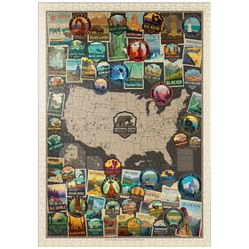 Darstellung des Puzzle-Motivs 63 American National Parks Collage Map, Vintage Poster – Puzzleteile: 1000