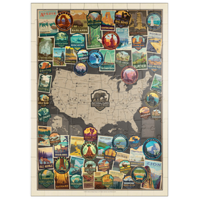 Darstellung des Puzzle-Motivs 63 American National Parks Collage Map, Vintage Poster – Puzzleteile: 100