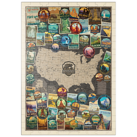 Darstellung des Puzzle-Motivs 63 American National Parks Collage Map, Vintage Poster – Puzzleteile: 200