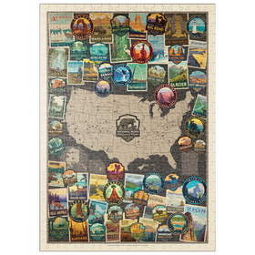 Darstellung des Puzzle-Motivs 63 American National Parks Collage Map, Vintage Poster – Puzzleteile: 500